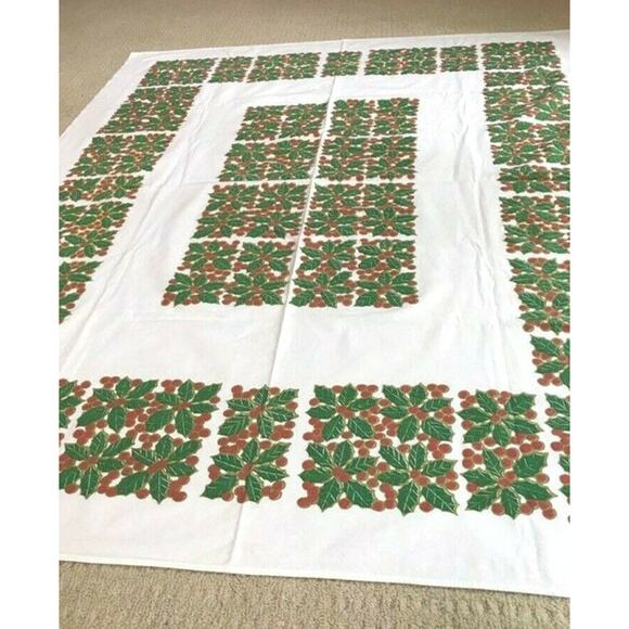 Vintage Mid Century Christmas Tablecloth Mod Printed Cotton Geometric Retro Look - Picture 5 of 6